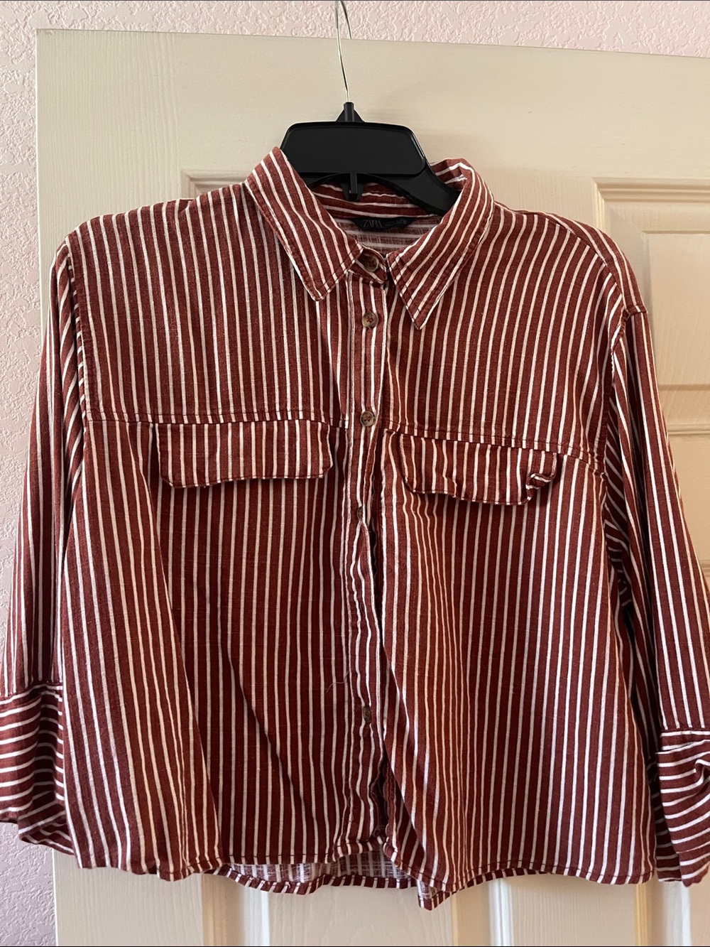 Zara Rust and White Vertical Stripe Button-Up Shirt